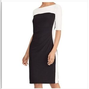 Lauren Ralph Lauren Women Colorblock Dress Side Ruched Black White Size 8